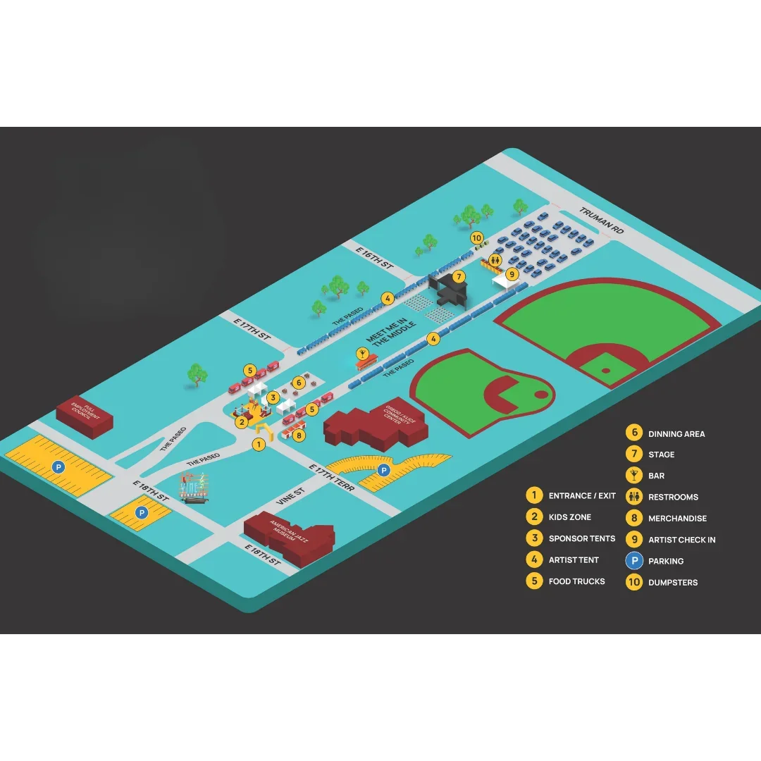 Illustrated festival layout; open the interactive map for its location list and controls