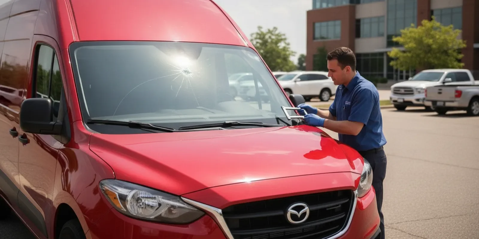 Fleet vehicle with windshield damage parked for a glass safety inspection