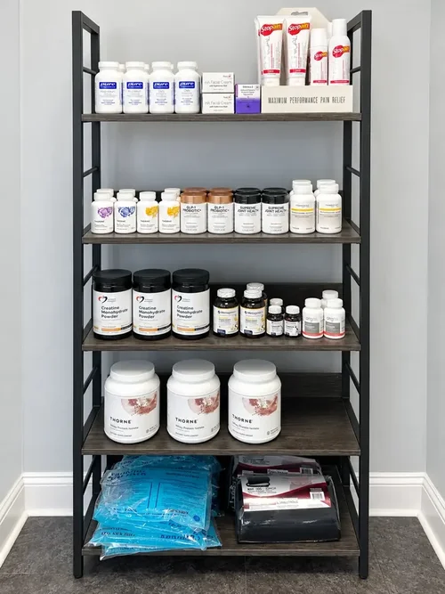 Supplement and wellness product display at Back Intact Chiropractic in Tinley Park