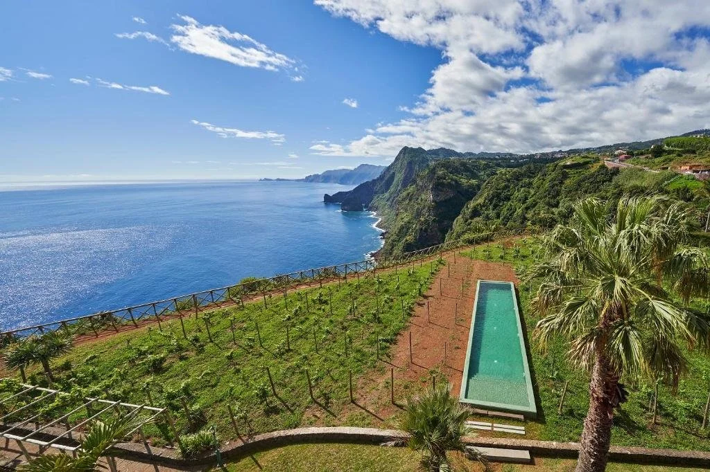 Hotel Quinta do Furão Santana aerial view of vineyard and infinity pool above north coast Atlantic cliffs