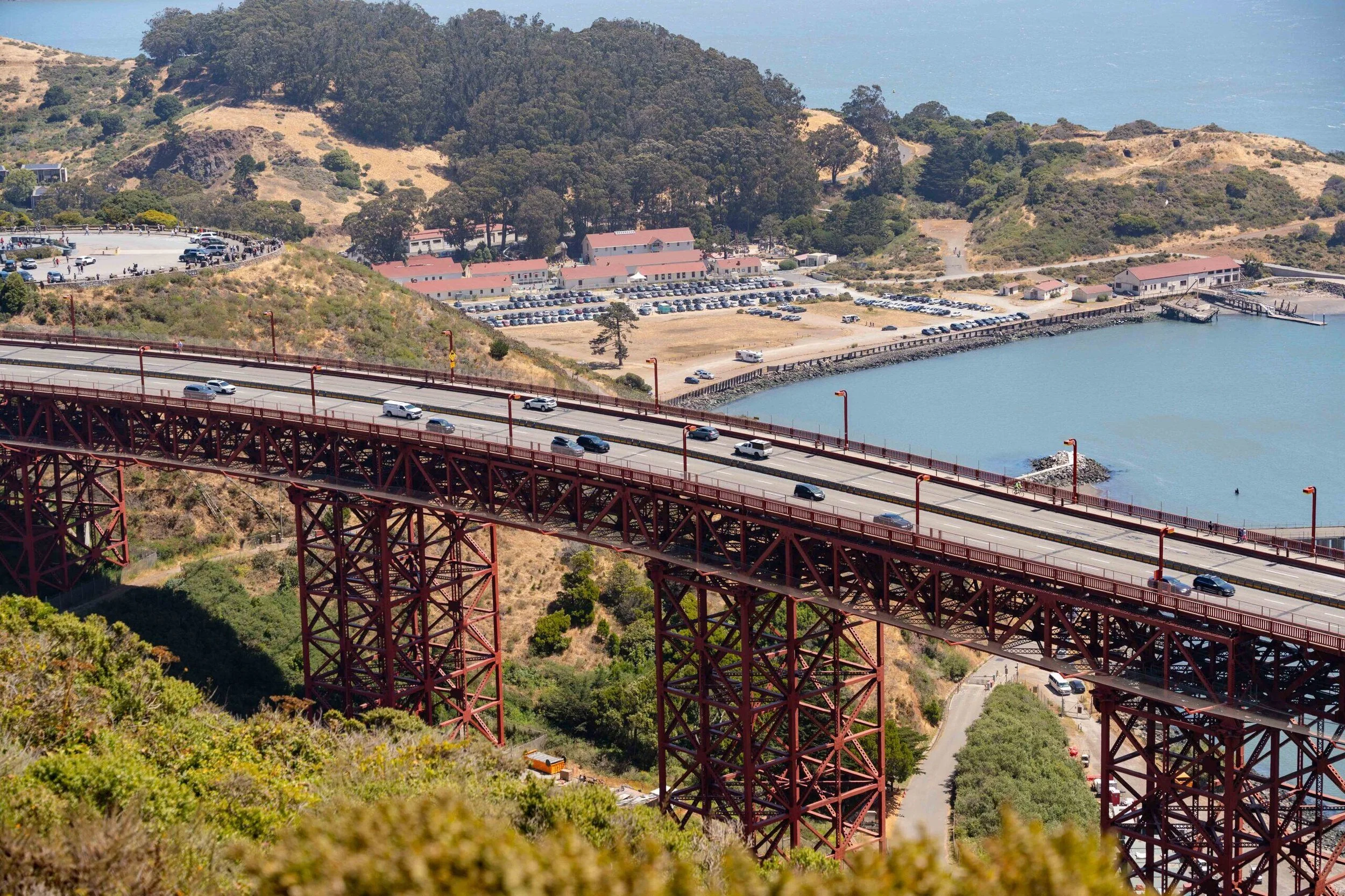 Aerial view of a highway bridge