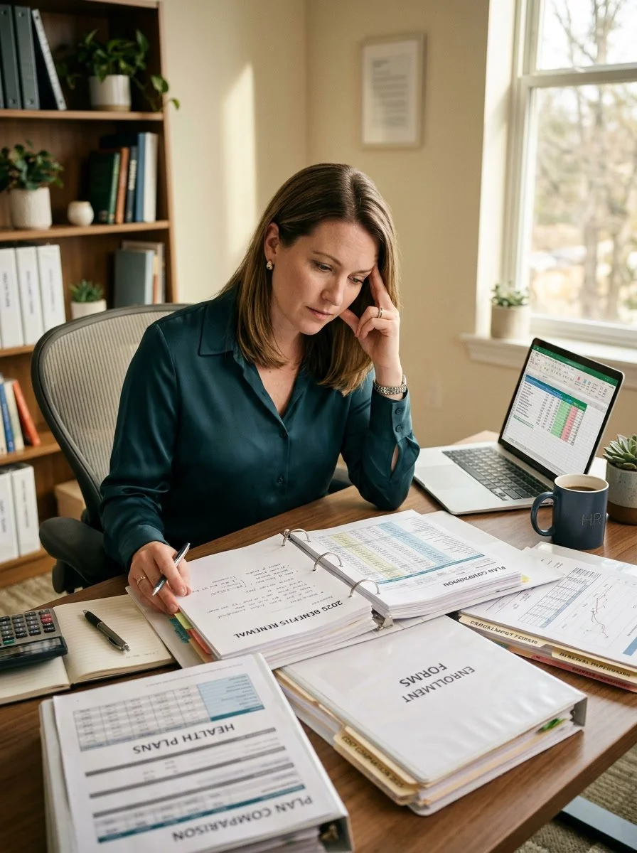 HR professional reviewing benefits documents