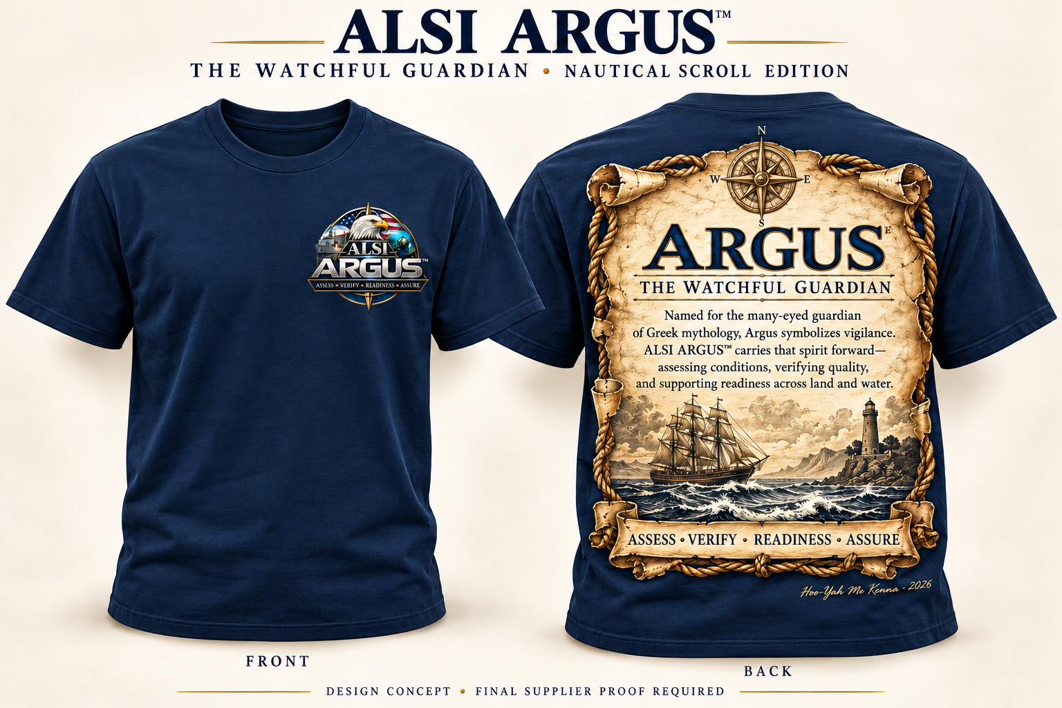 Front and back concept of the ALSI ARGUS Watchful Guardian navy T-shirt with nautical scroll and Hoo-Yah Mc Kenna - 2026 signature