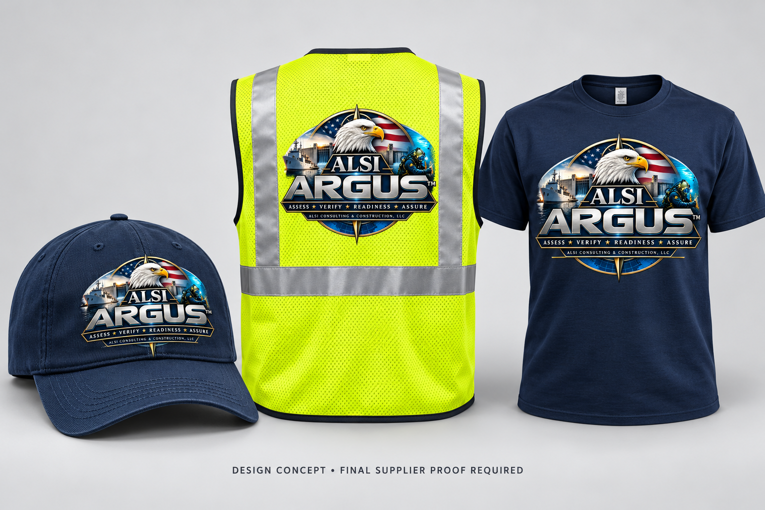Design concepts for an ALSI ARGUS navy cap, high-visibility safety vest and original Emblem Tee