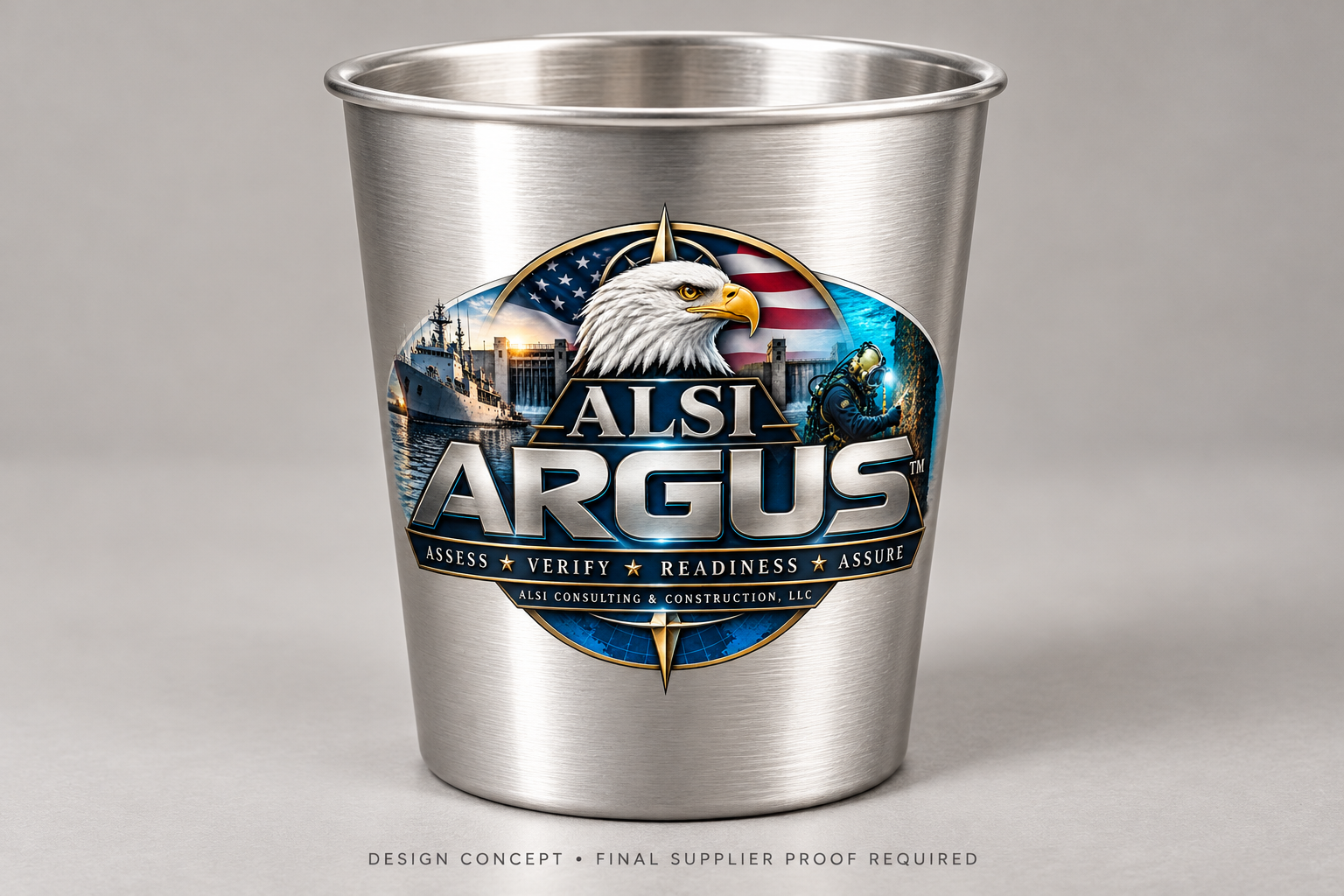 Design concept for a 20 oz silver aluminum cup featuring the ALSI ARGUS emblem