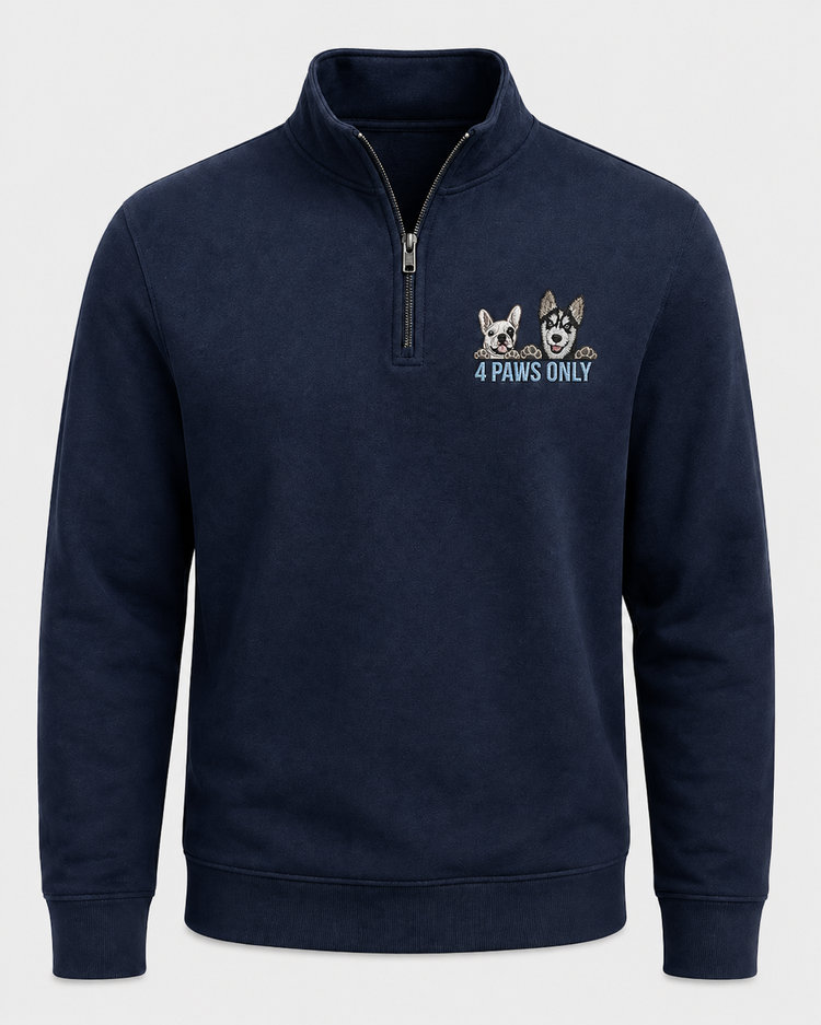 navy quarter zip sweatshirt with embroidered 4 Paws Only pet logo