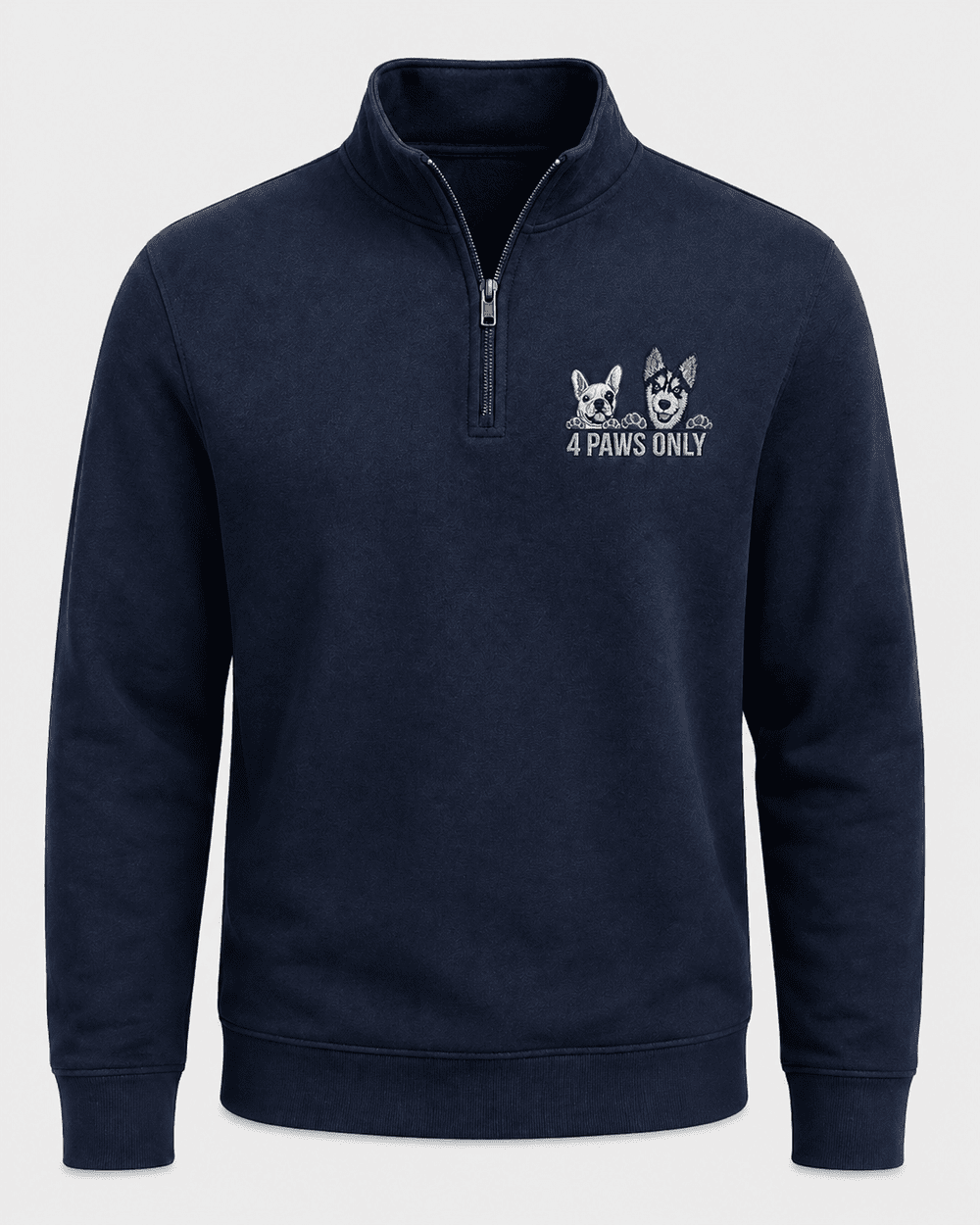 navy quarter zip sweatshirt with embroidered 4 Paws Only pet logo