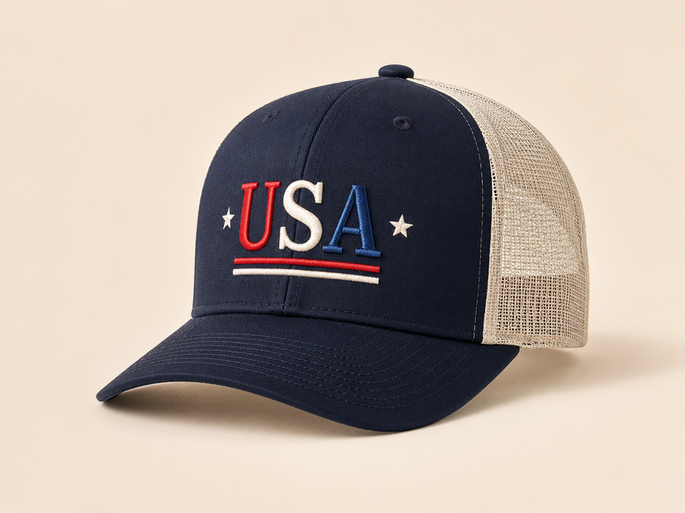 navy trucker hat with red white and blue USA embroidery