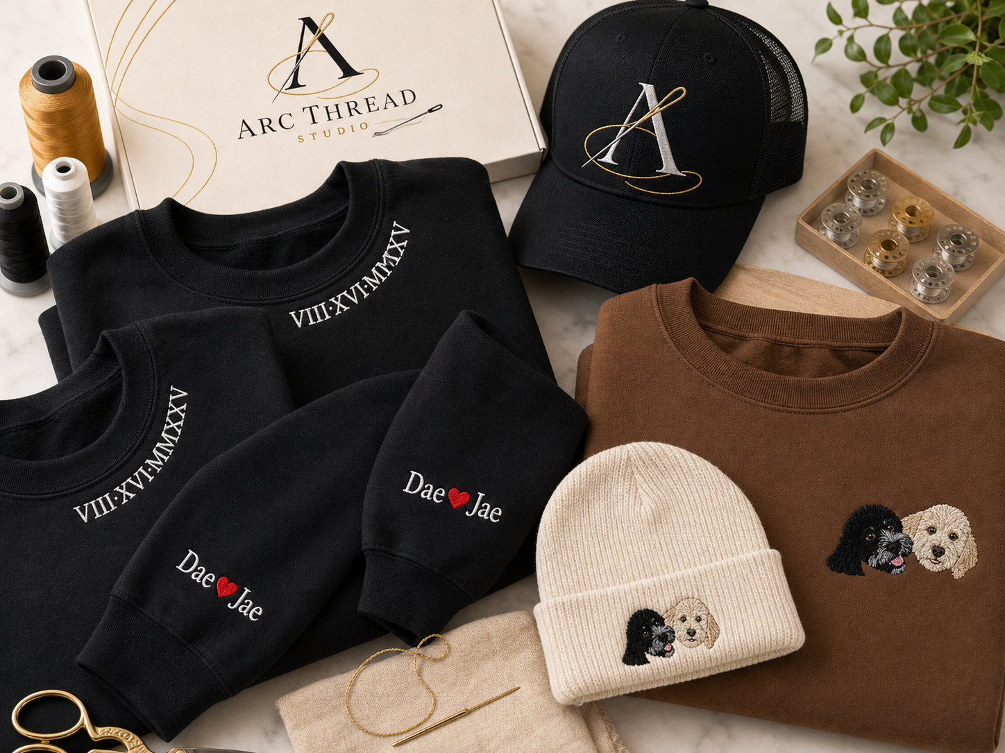 ArcThread Studio embroidered product examples with custom hats sweatshirts and pet gift embroidery