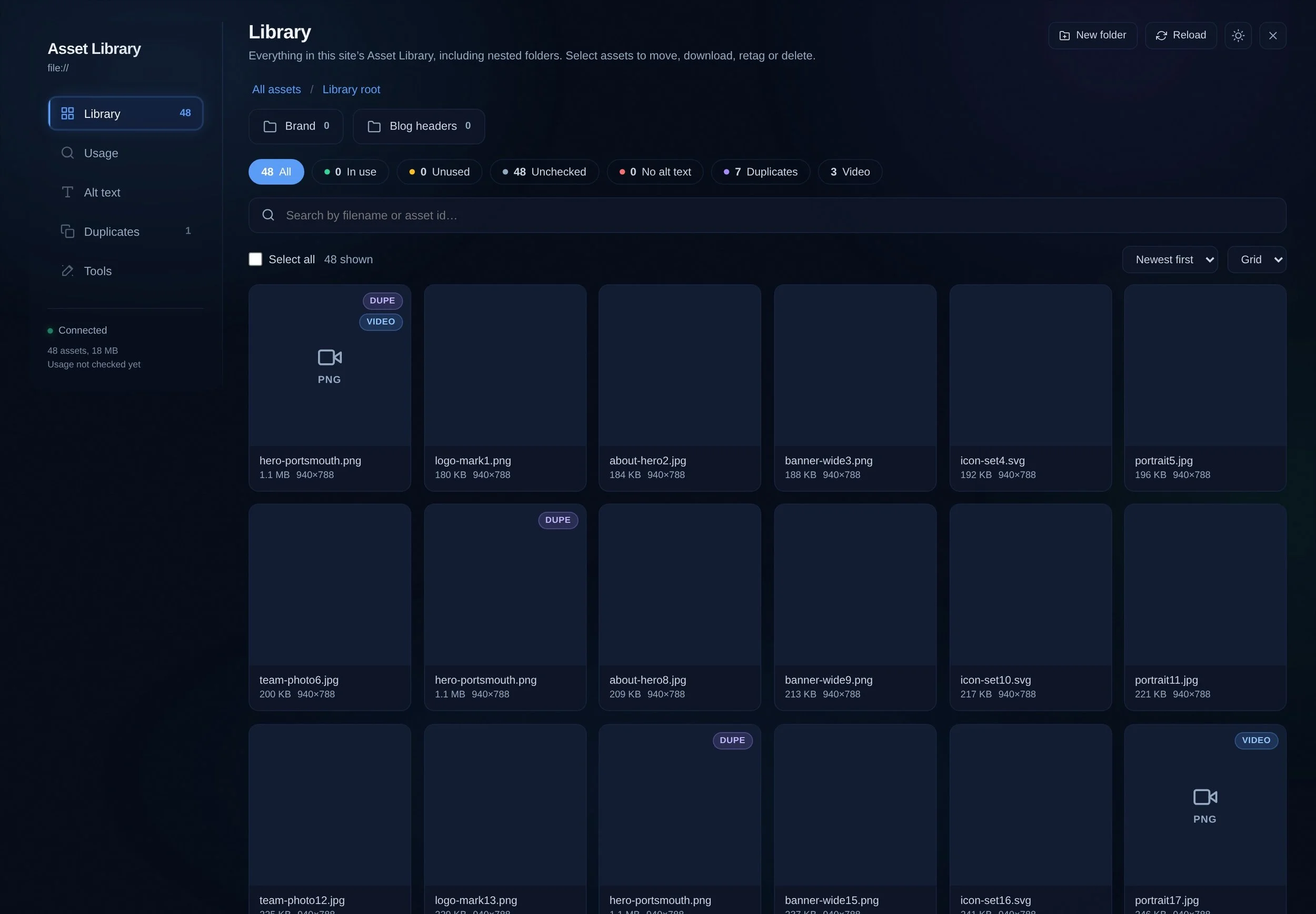Asset Library Manager showing the full Squarespace asset library with usage counts