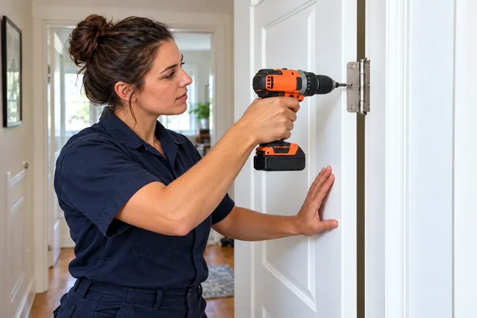 Woman tradesperson repairing a door hinge with an orange drill
