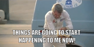 Animated GIF of Steve Martin as The Jerk jumping up and down in front of a van, reading a phone book. The text says THINGS ARE GOING TO START HAPPENING TO ME NOW!
