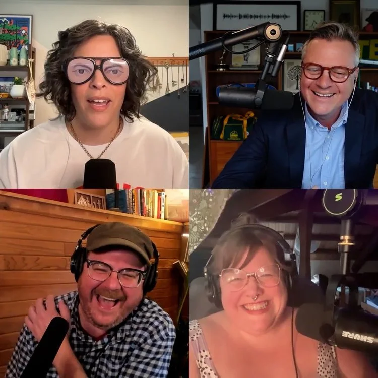 Square grid showing Meagan (wearing funny novelty glasses) and Luke, Andrew and Lindy all laughing very hard in their respective studios