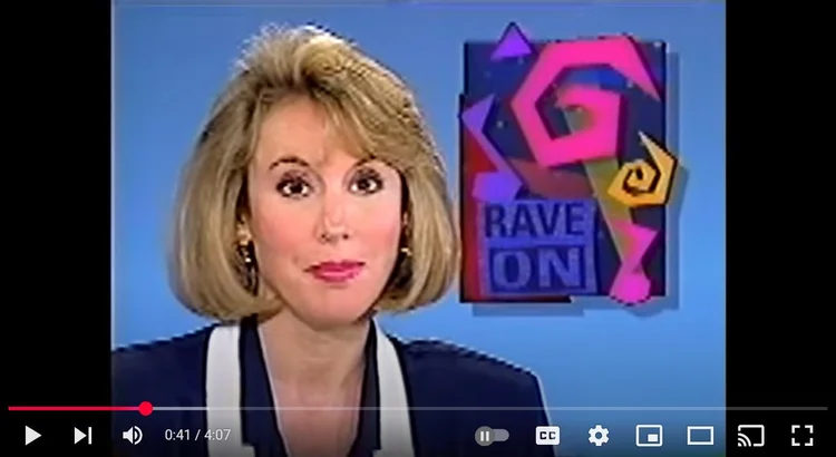 Still YouTube image of a 1990s TV news anchor with text and logo that says "RAVE ON" behind her.