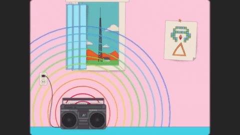 GIF of an old-style transistor radio with little illustrated sound waves coming out of it.