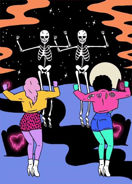 Animated gif of cartoon people in hot pants dancing with skeletons