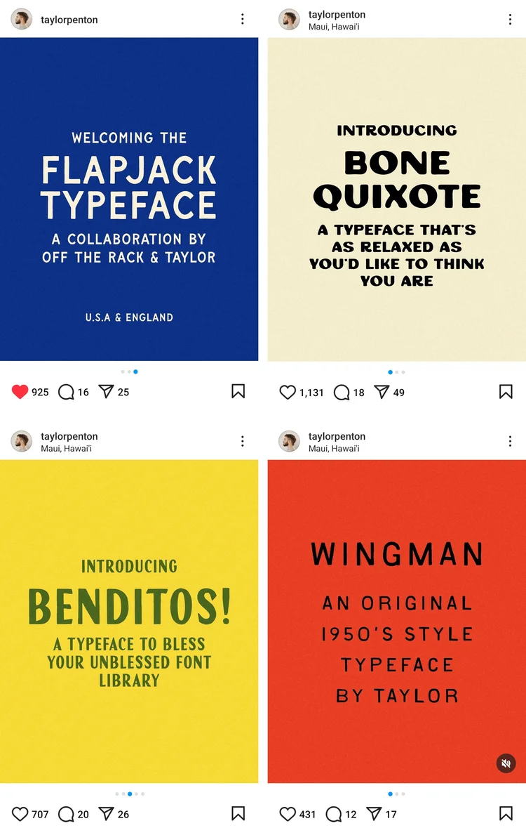2x2 grid of four instagram images showing 4 different types of very clean, classy looking modern fonts, called Flapjack, Bone Quixote, Benditos, and Wingman.