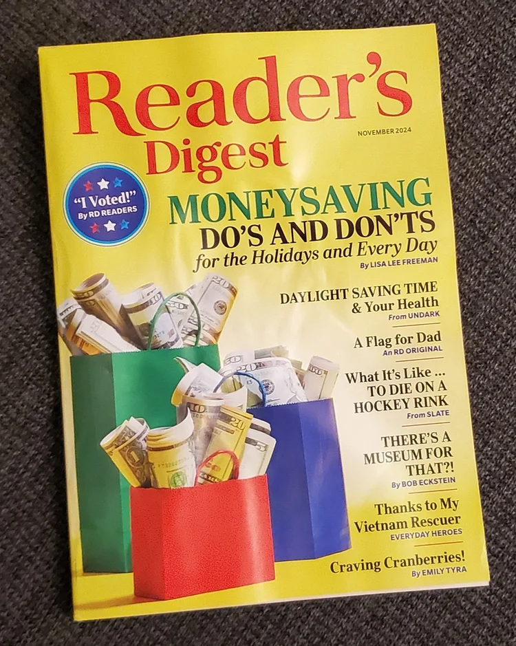 Photo of a cover of Reader's Digest with many headlines, including the main headline "MONEYSAVING DO'S AND DON'TS"