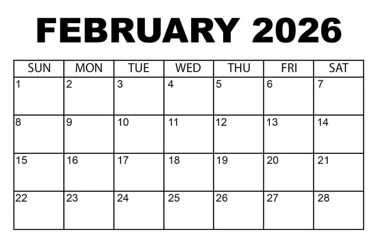 Simple image of the calendar month of February 2026. The first is on Sunday, and the last day of the month is a Saturday, making it a perfect grid.