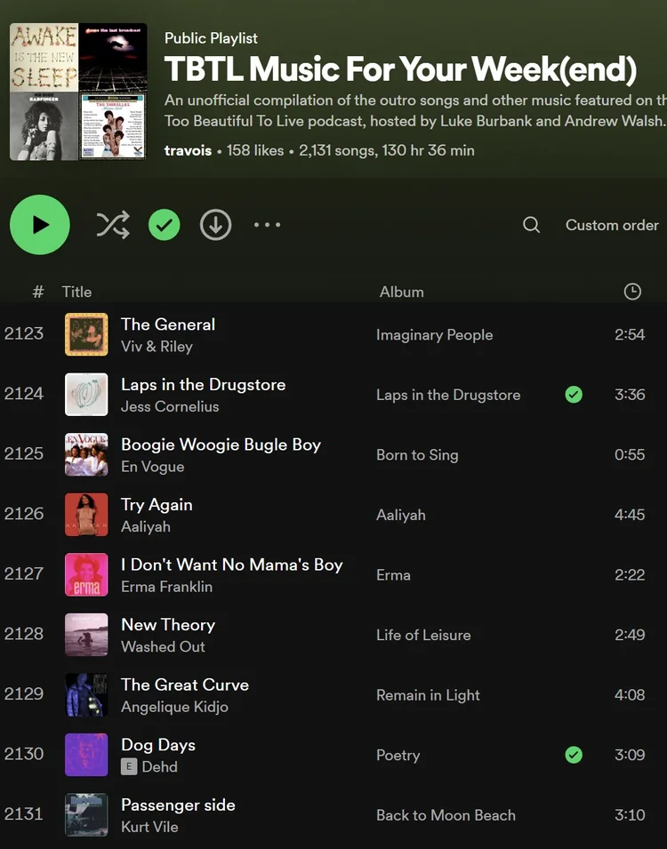 Screencap of a long "Music for your Weekend" playlist on spotify.