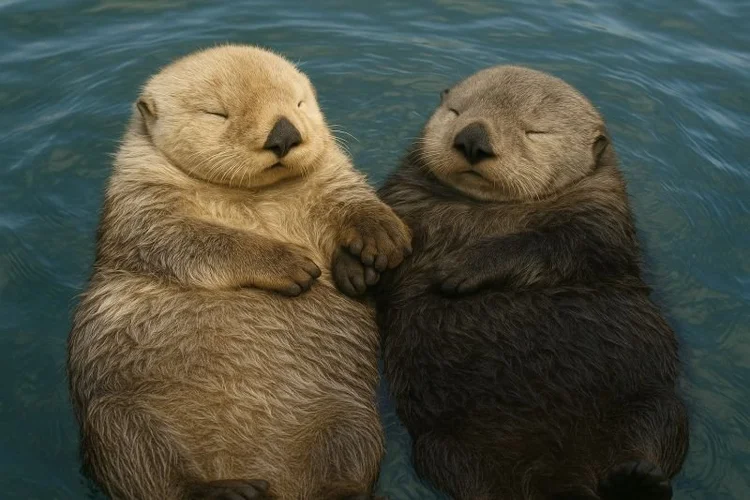 A picture of two otters holding hands as they float on their backs sleeping. 