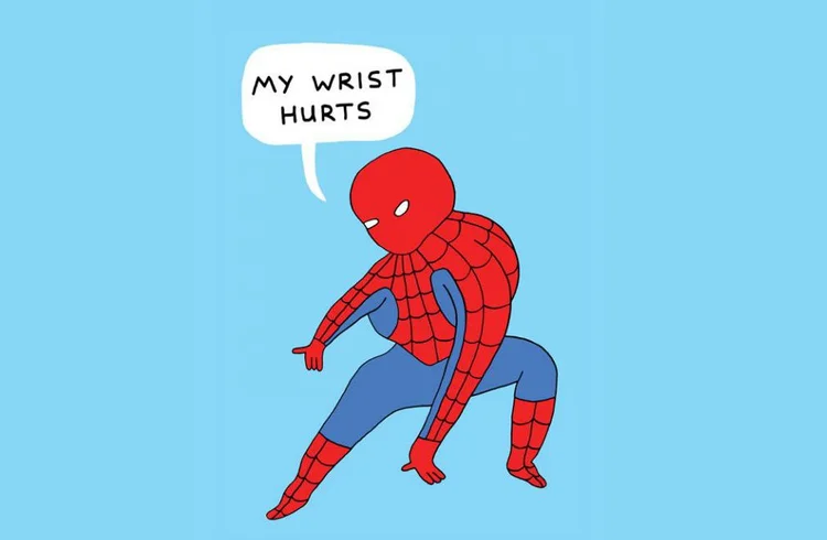 Crude drawing of spiderman saying "My wrist hurts"