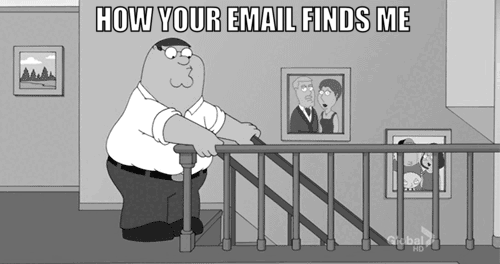 Animated gif Peter Griffin from Family Guy slowly and carefully taking  a first step  down a staircase, just to quickly fall. 