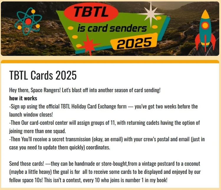 Screen grab of the TBTL Is Card Senders site, designed in retro-modern space age font and decals. (Click this image to go to the website, where the text will be readable for your device)