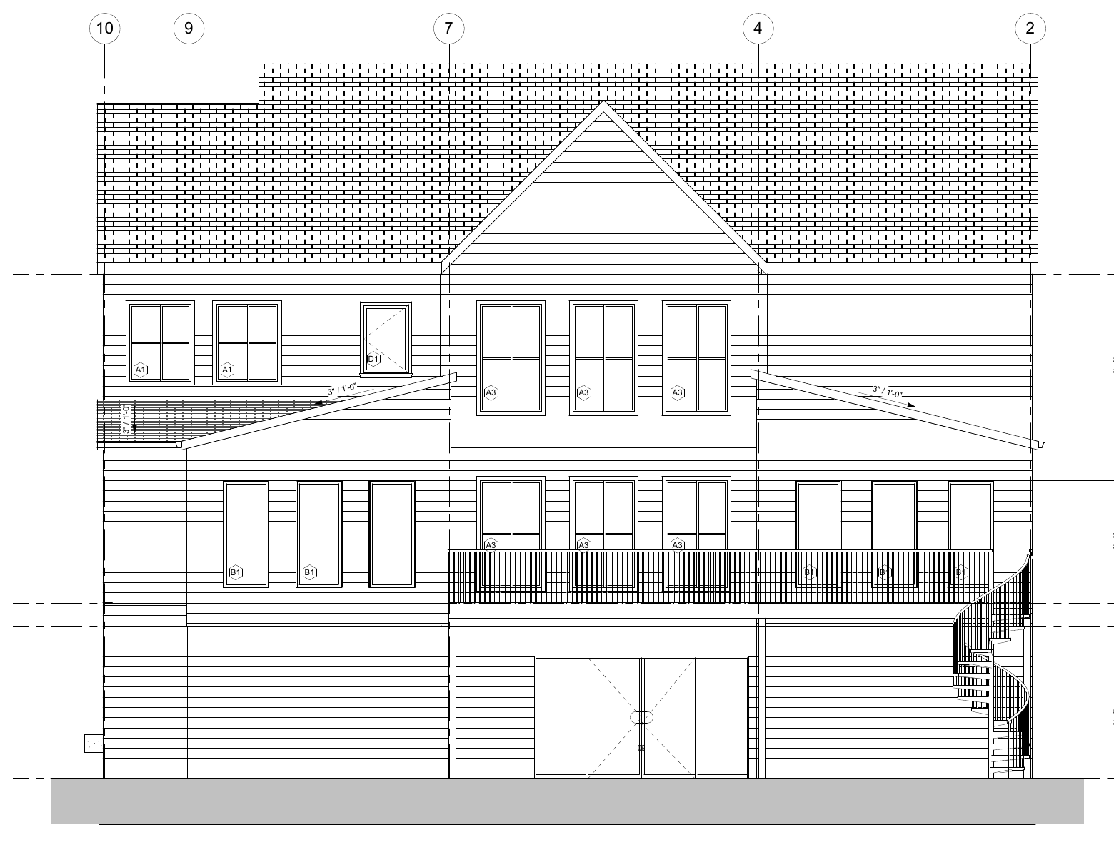 Architectural elevation showing a custom home’s rooflines, windows and balcony