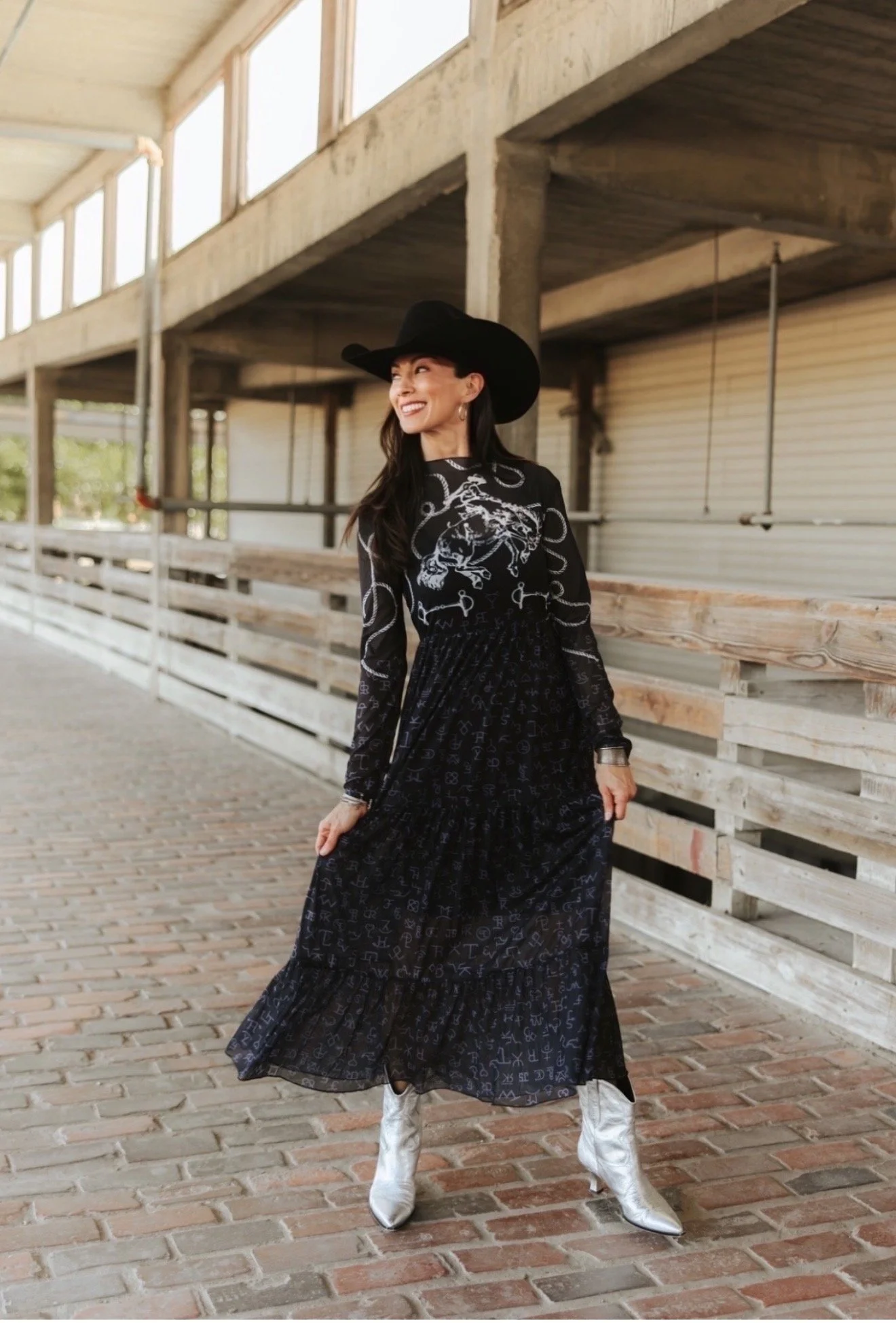 Long black dress and silver boots