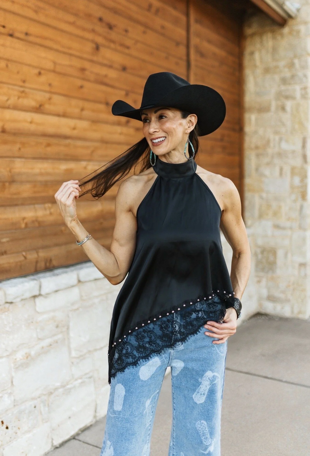 Satin halter and boot-print denim