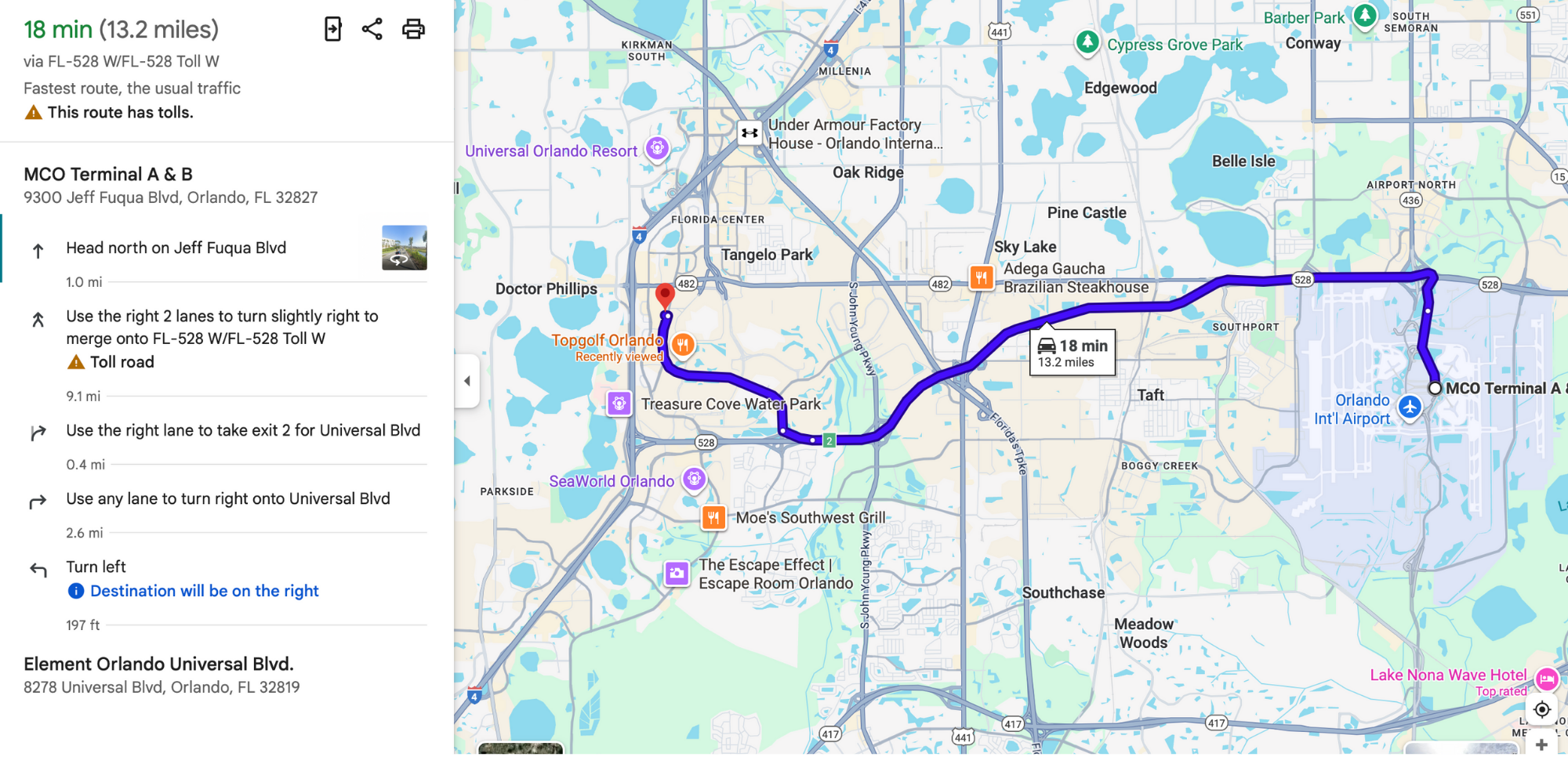 Map, airport to Element Orlando Universal Blvd