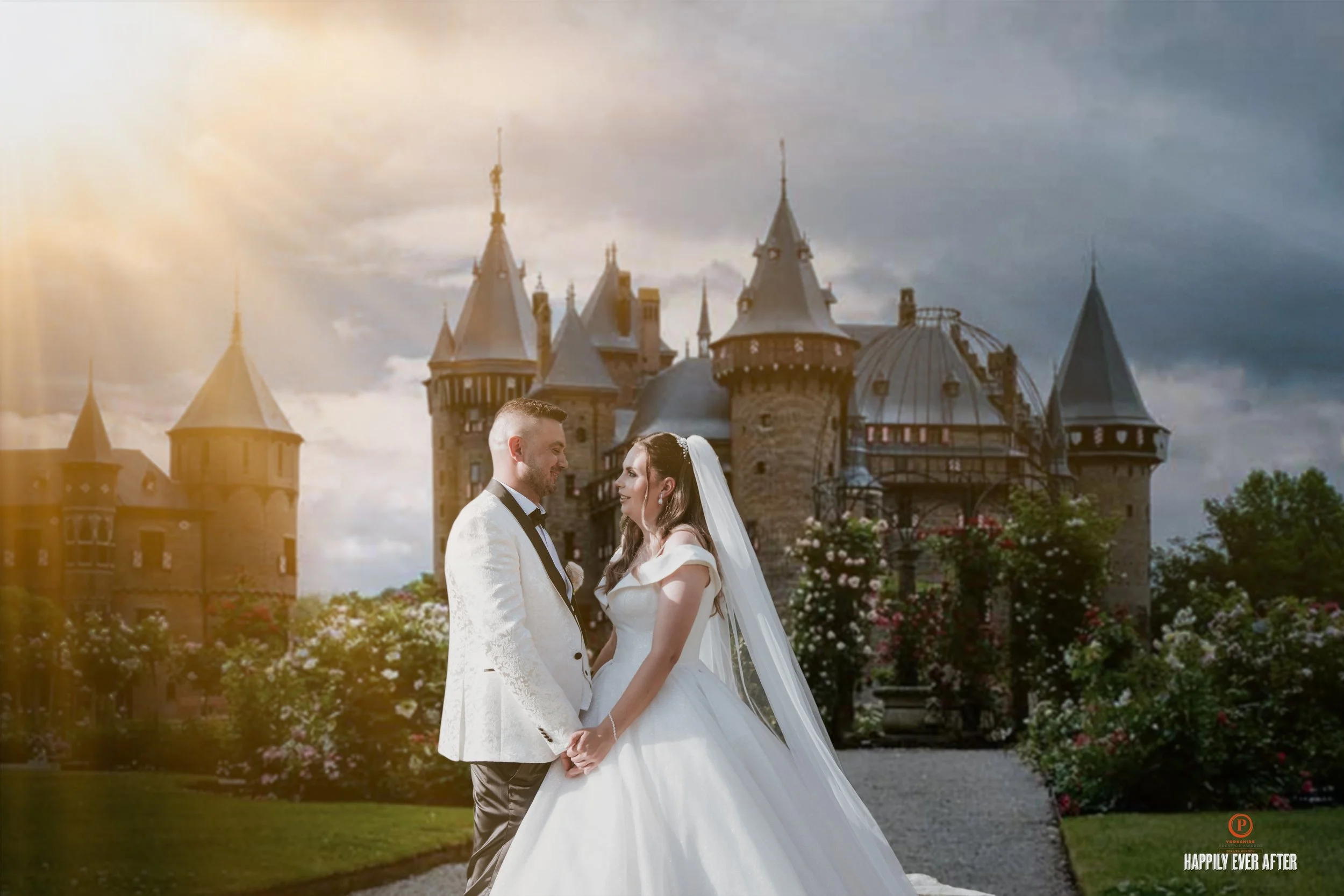 Bride and groom in front of a castle