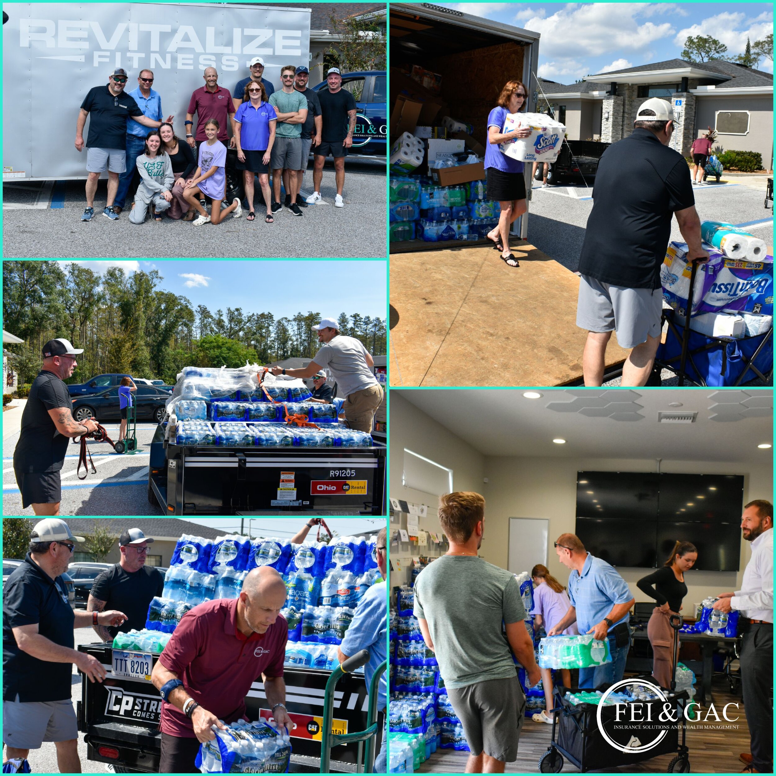 FEI & GAC team and Revitalize Fitness volunteers collecting and distributing hurricane relief supplies to Pinellas, Pasco, and Hillsborough County families