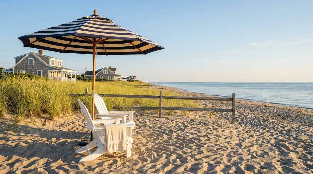 A navy-and-cream striped beach umbrella over two white beach chairs on the sand, with dune grass and shingled cottages behind