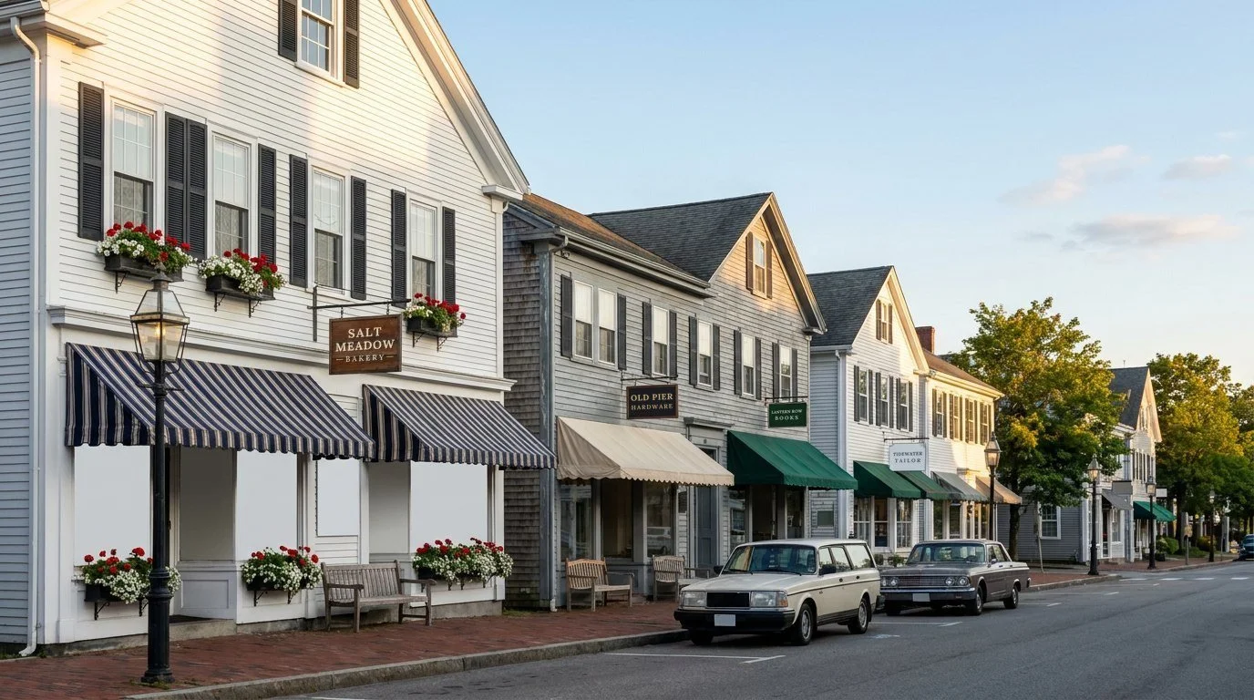 A New England main street with white clapboard shops, striped awnings and window boxes