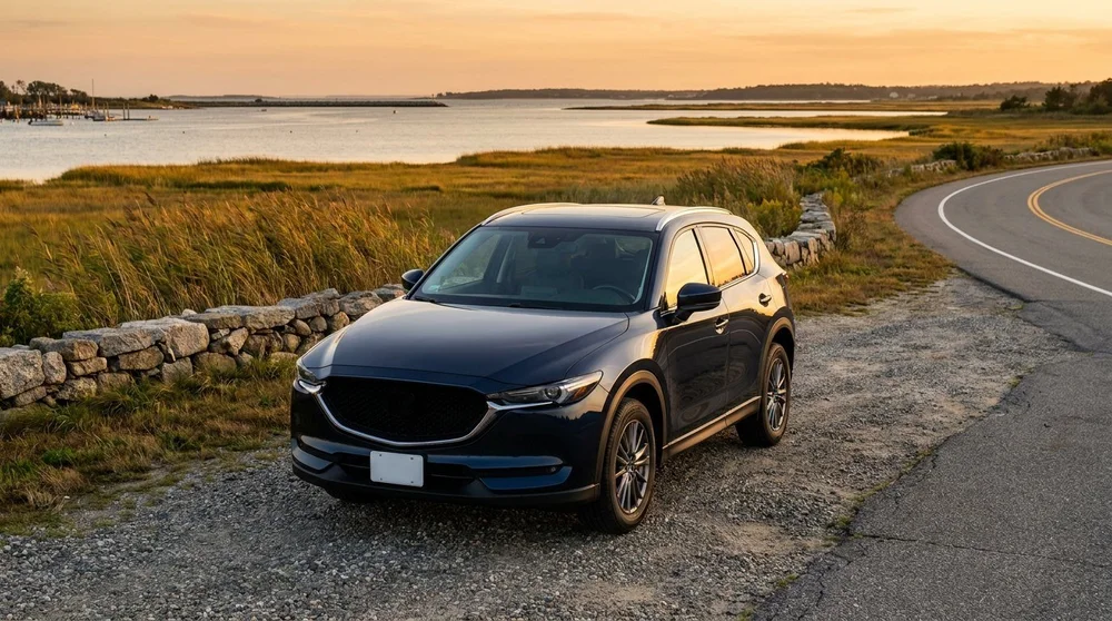 A dark navy SUV parked beside a stone wall on a coastal road, with a salt marsh and harbor behind it at sunset