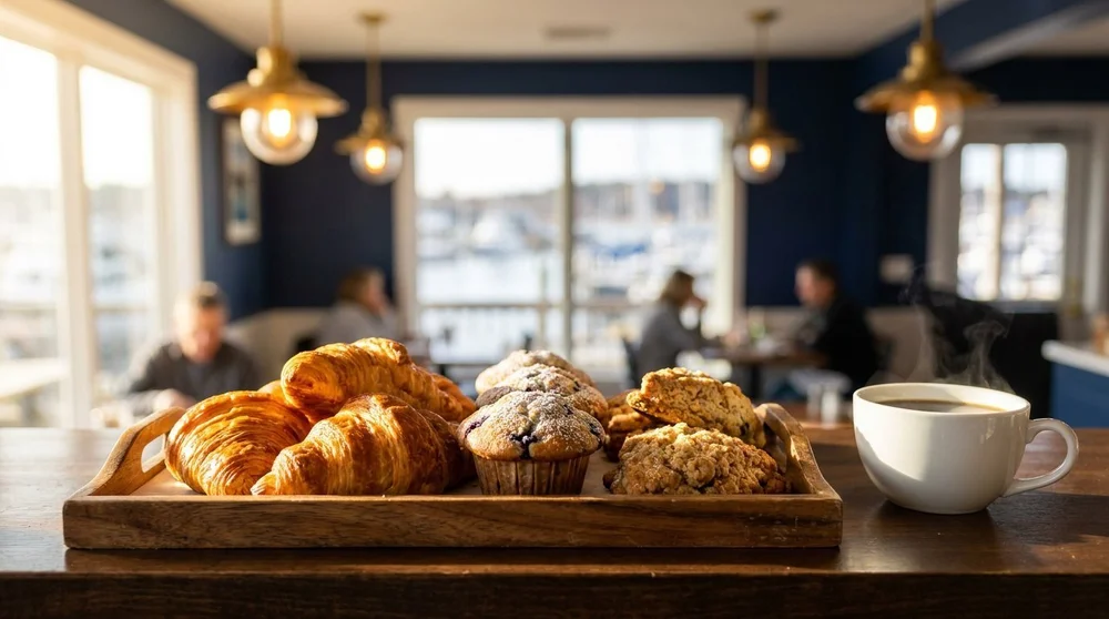 A wooden tray of croissants, blueberry muffins and scones beside a steaming cup of coffee in a harbor-town coffee shop