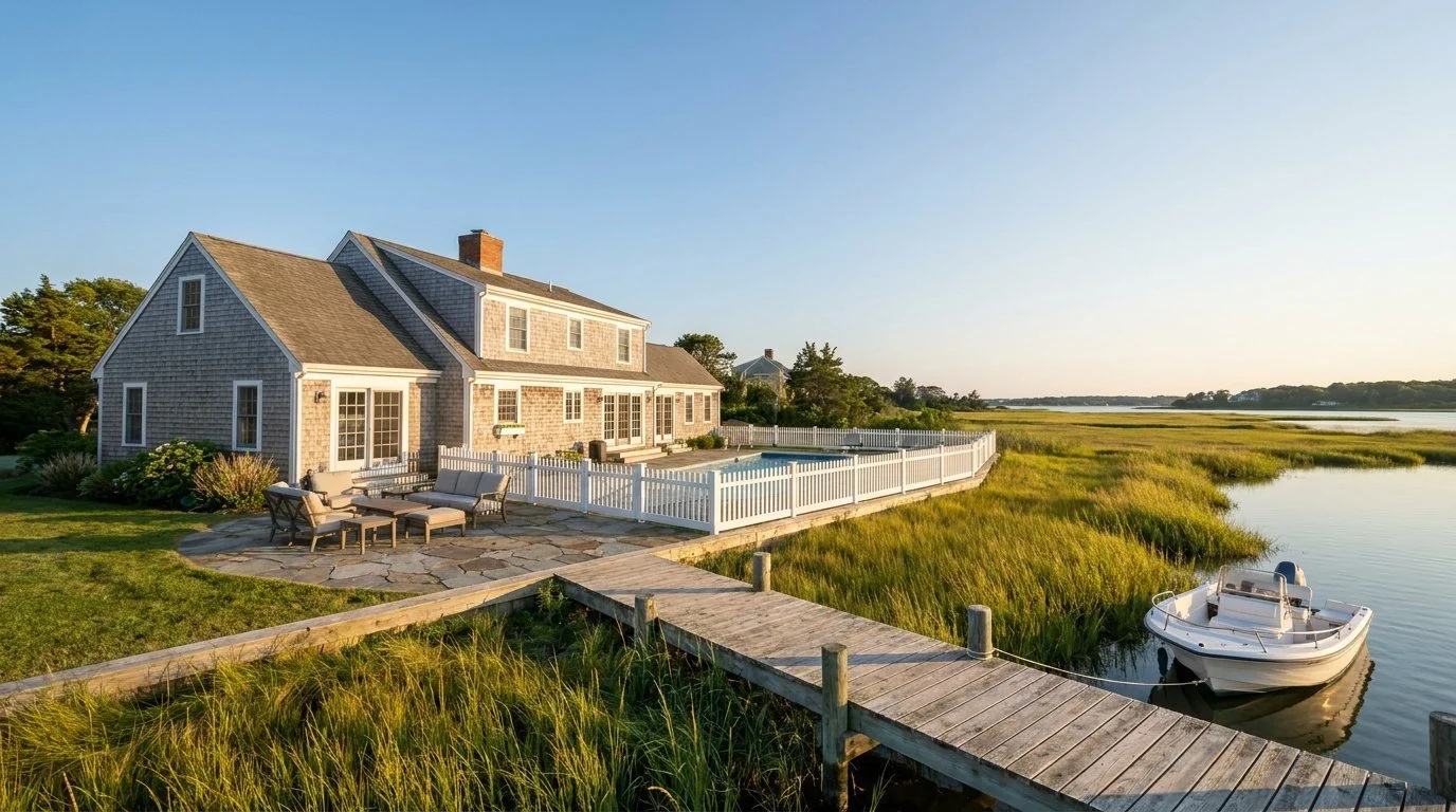A gray-shingled waterfront home with a fenced pool, a stone patio, and a dock with a small boat on the marsh