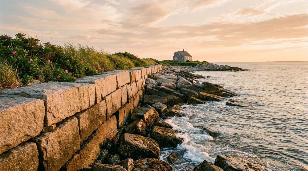 A granite seawall and rocky shoreline at sunset, with beach roses on top and a small shingled cottage out on the point