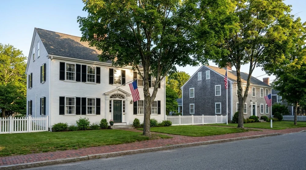 White and gray-shingled colonial houses with American flags on a quiet New England street