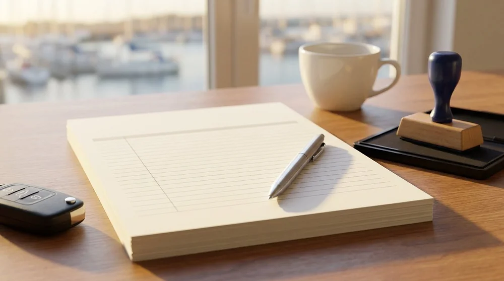 A stack of paper forms with a pen on a wooden desk, beside a rubber stamp, a cup of coffee and a car key
