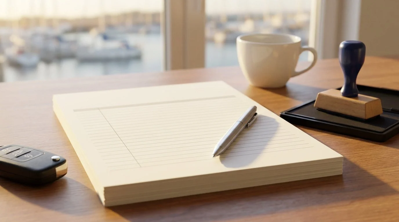 A stack of paper forms with a pen on a wooden desk, beside a rubber stamp and a cup of coffee