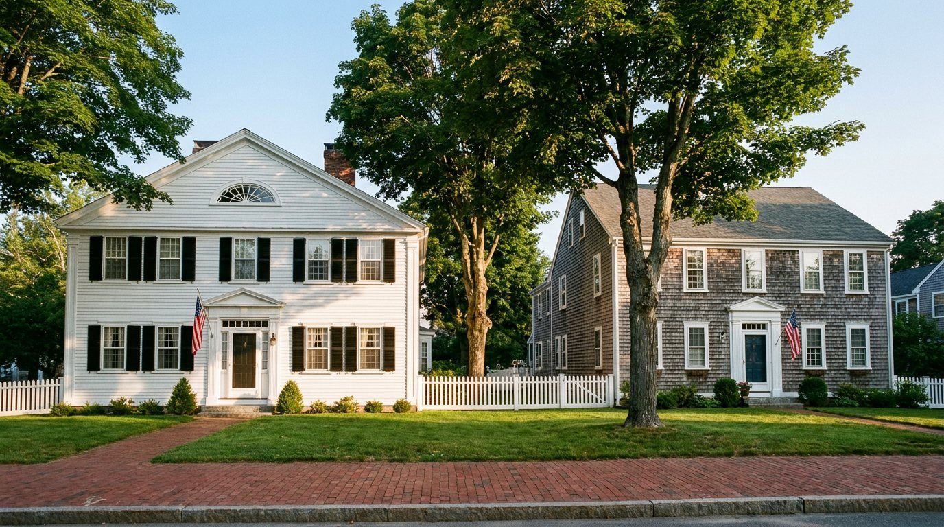 A white colonial and a gray-shingled colonial behind a white picket fence, with American flags