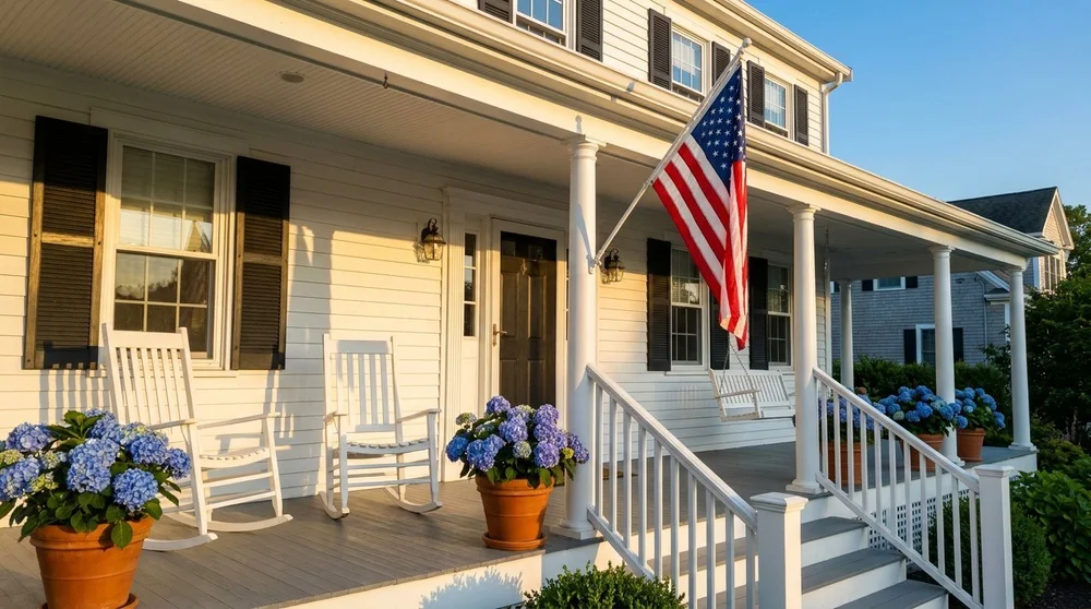 A front porch with white rocking chairs, blue hydrangeas in clay pots and an American flag