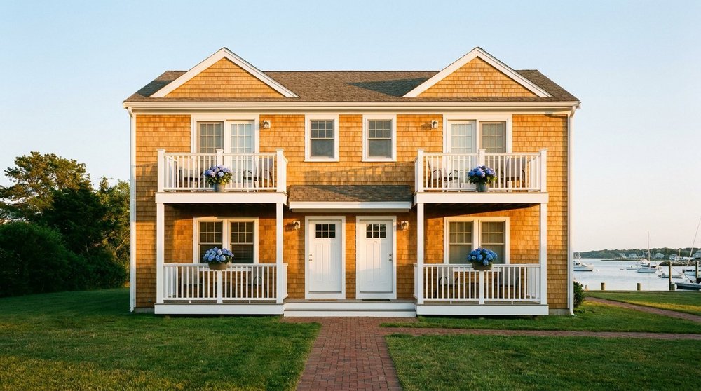 A two-story cedar-shingled condo building with white balconies, blue hydrangeas and two front doors, with the harbor to the side