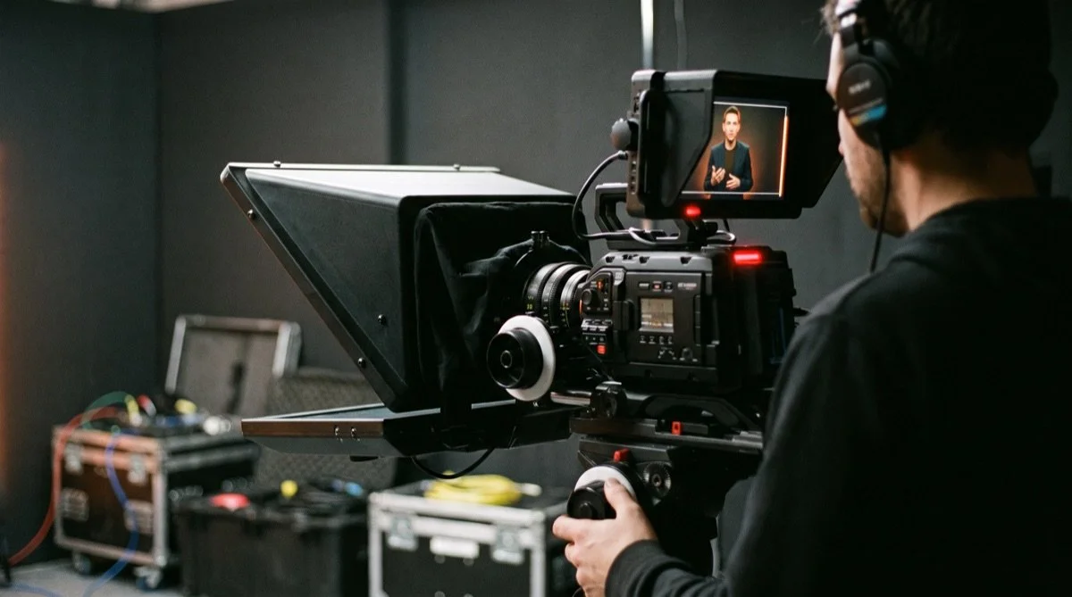 A camera operator behind a camera with a teleprompter hood, the presenter on the monitor