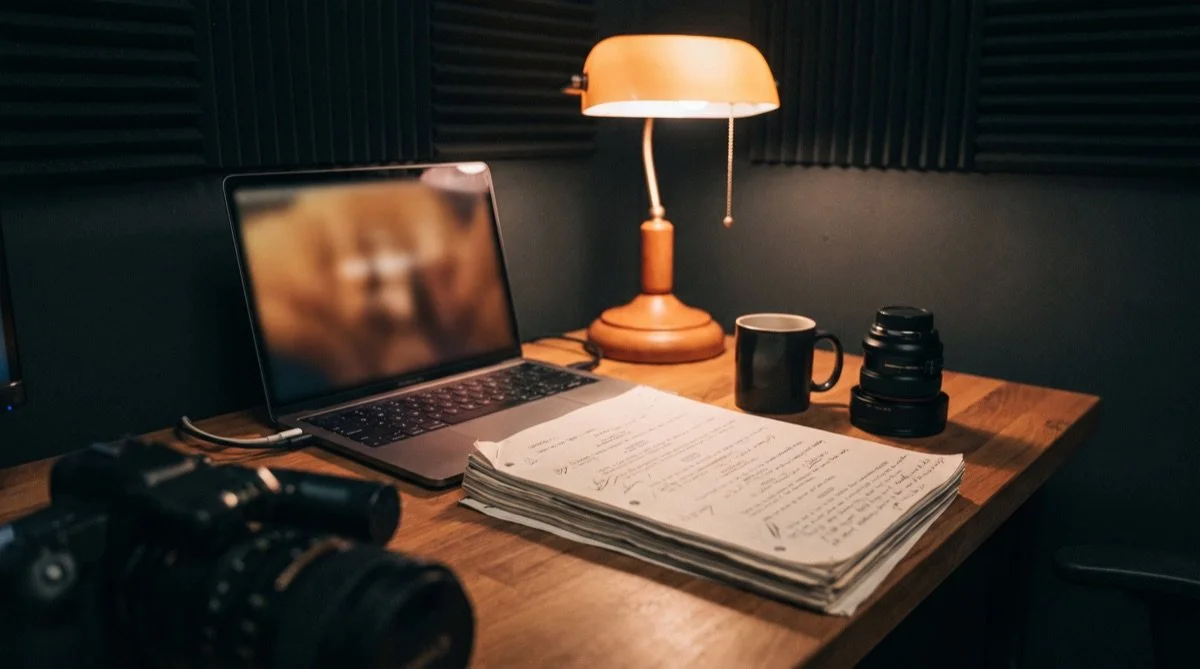 A laptop, a marked-up printed script and a camera on a producer's desk under a warm lamp