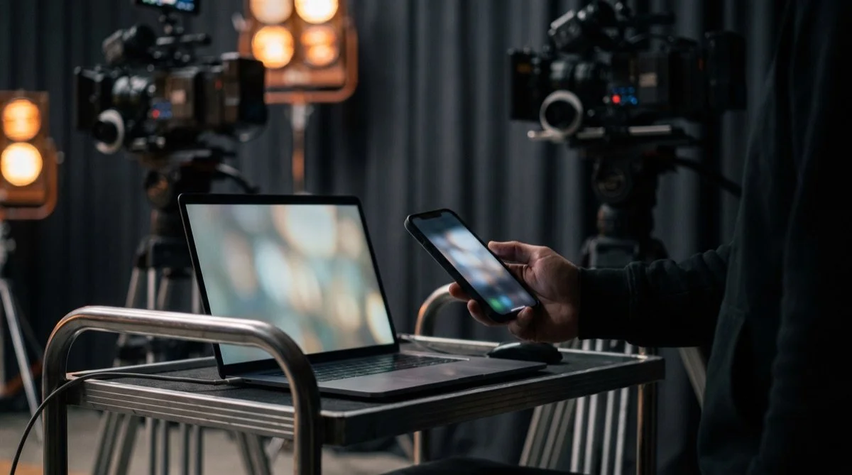 A hand holding a phone up to a laptop on a production cart, with cinema cameras behind