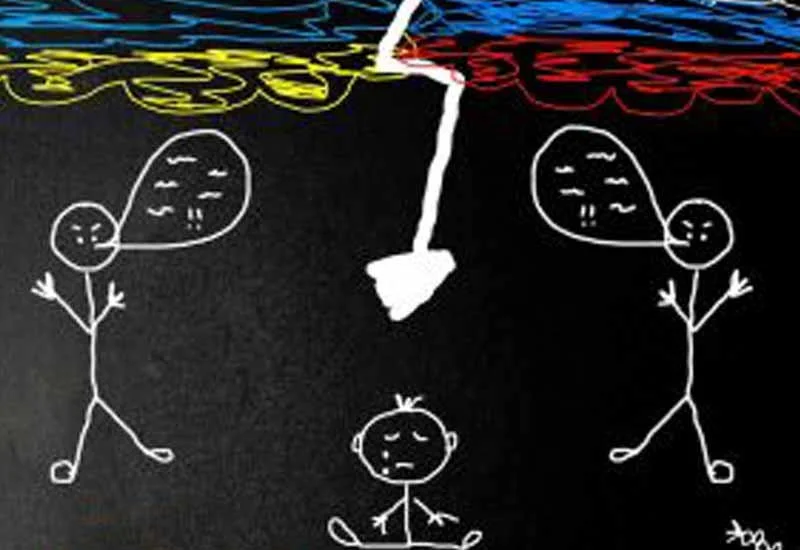 A hand-drawn picture with a black background of three chalk stick figures figures depicting two adults and one child with the Ukrainian flag colors at the top.